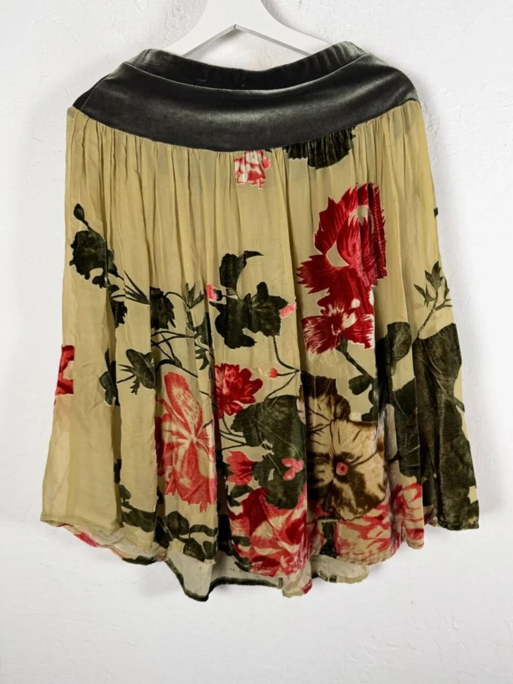 Velvet Burnout Floral Pleated Skirt Silk Blend Olive Green Beige Red Botanical
